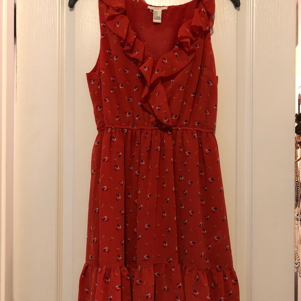 Orange-red tank dress w/ flowers and ruffle detail